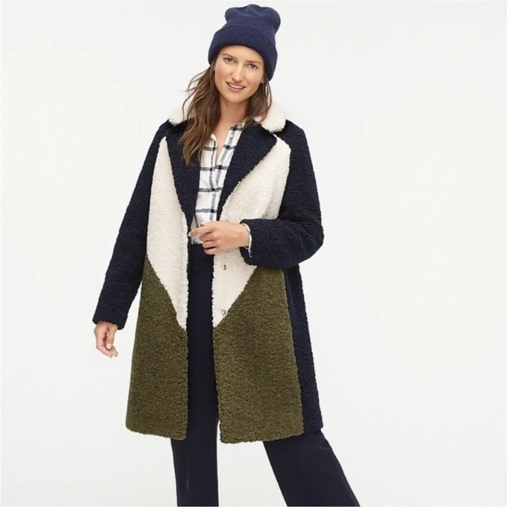 J. Crew Colorblock Teddy Coat in Navy, Cream & Olive
